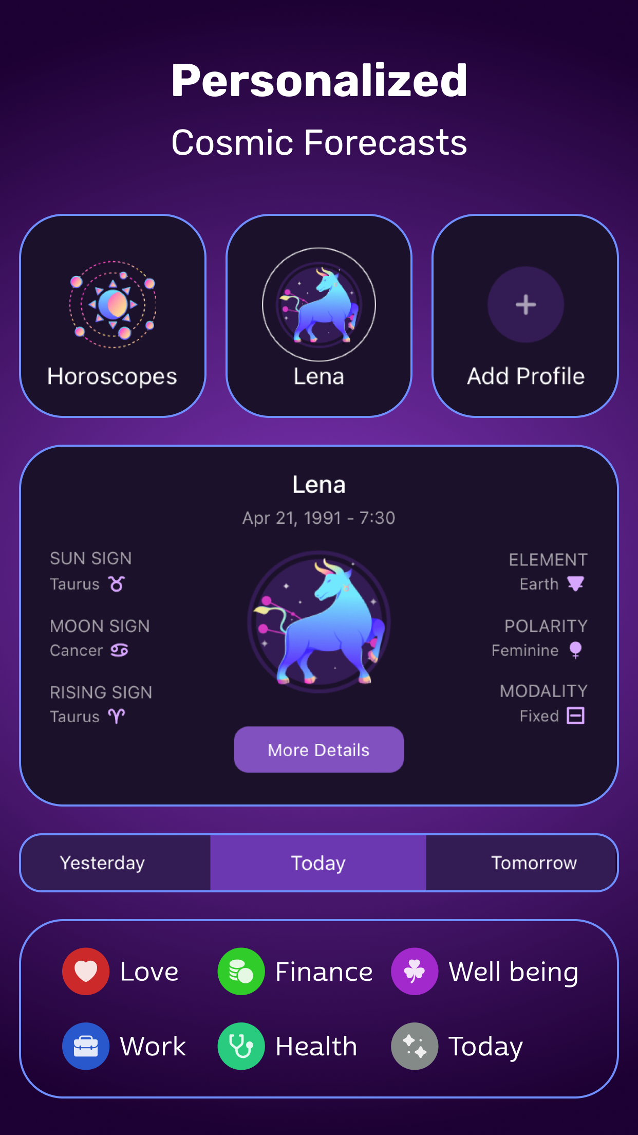 Personalized Gemini profile with Sun, Moon and Rising sign in the Daily Horoscope astrology app